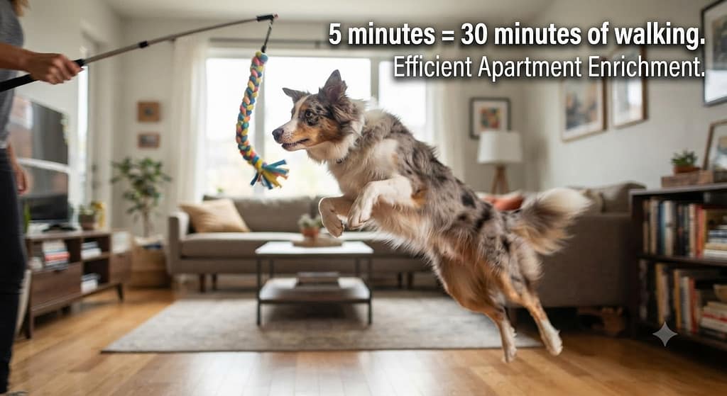 Flirt pole action photo Dog mid-air chasing flirt pole lure. Text: "5 minutes = 30 minutes of walking."