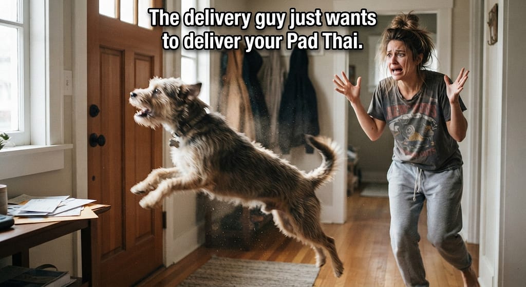 Relatable "doorbell frenzy" photo Dog mid-leap toward door, blurred motion, owner looking overwhelmed. Text: "The delivery guy just wants to deliver your Pad Thai."