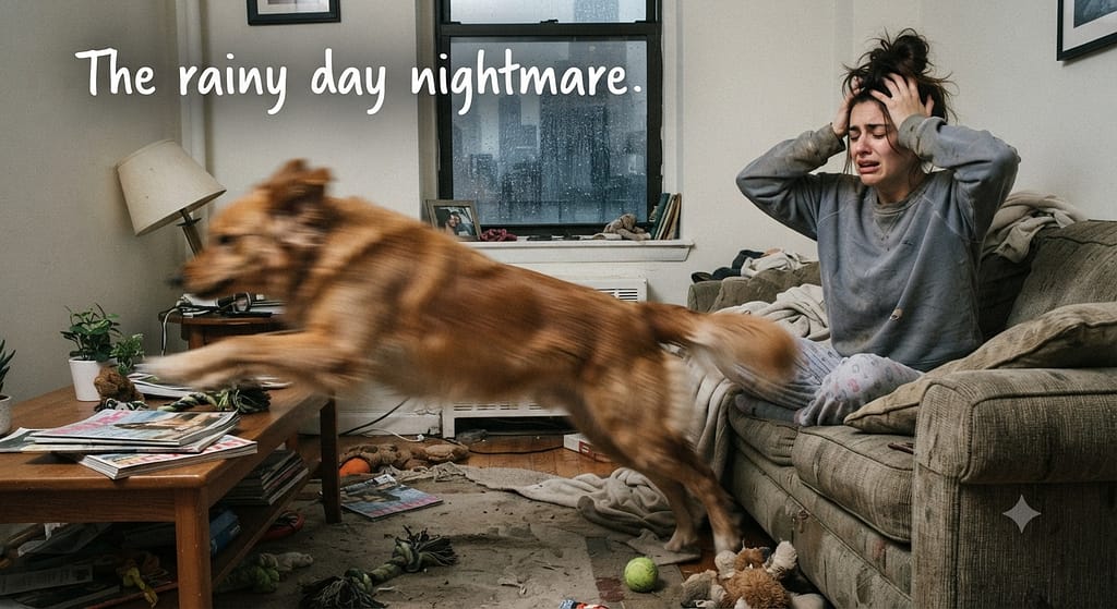 Relatable "zoomies" photo Dog mid-zoom in small apartment, blurry motion, owner looking overwhelmed. Text: "The rainy day nightmare."