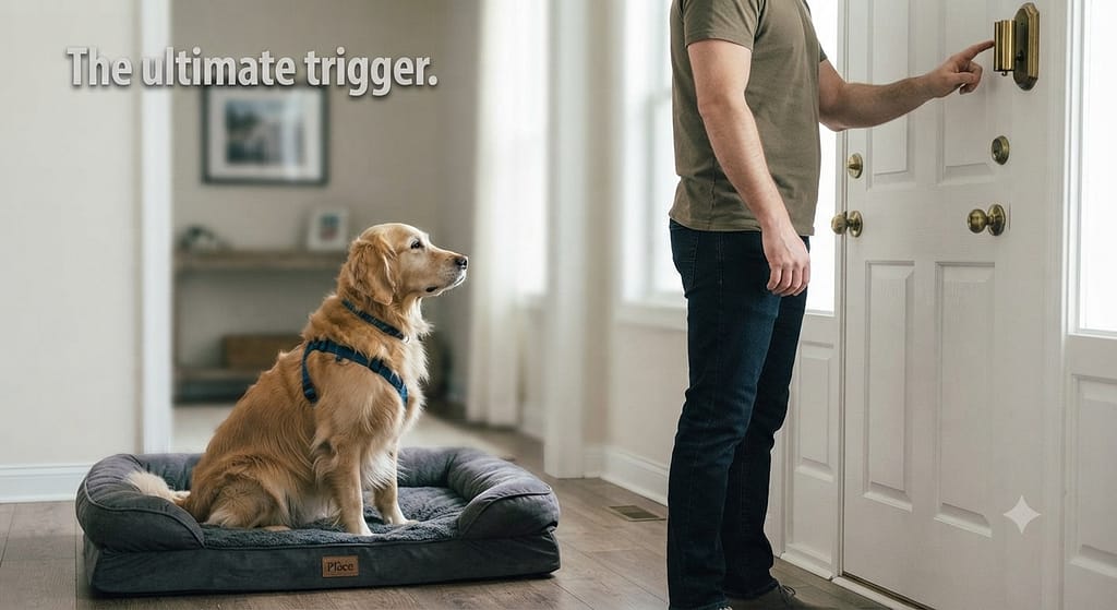 Doorbell training photo Dog on bed ("place"), owner at door. Text: "The ultimate trigger."