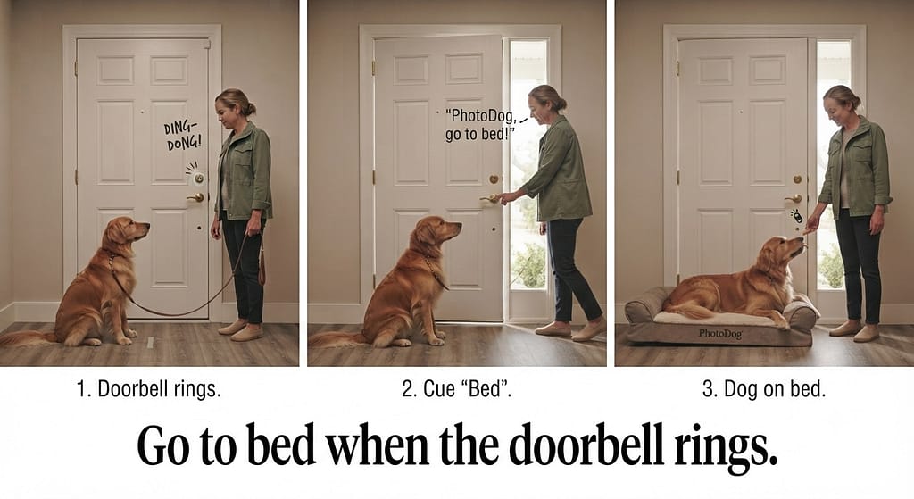 Place command at door photo Dog on bed when doorbell rings. Text: "Go to bed when the doorbell rings."