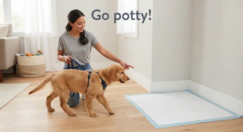 Owner leading dog to pad photo Dog on leash, owner pointing to pad. Text: "Go potty!"
