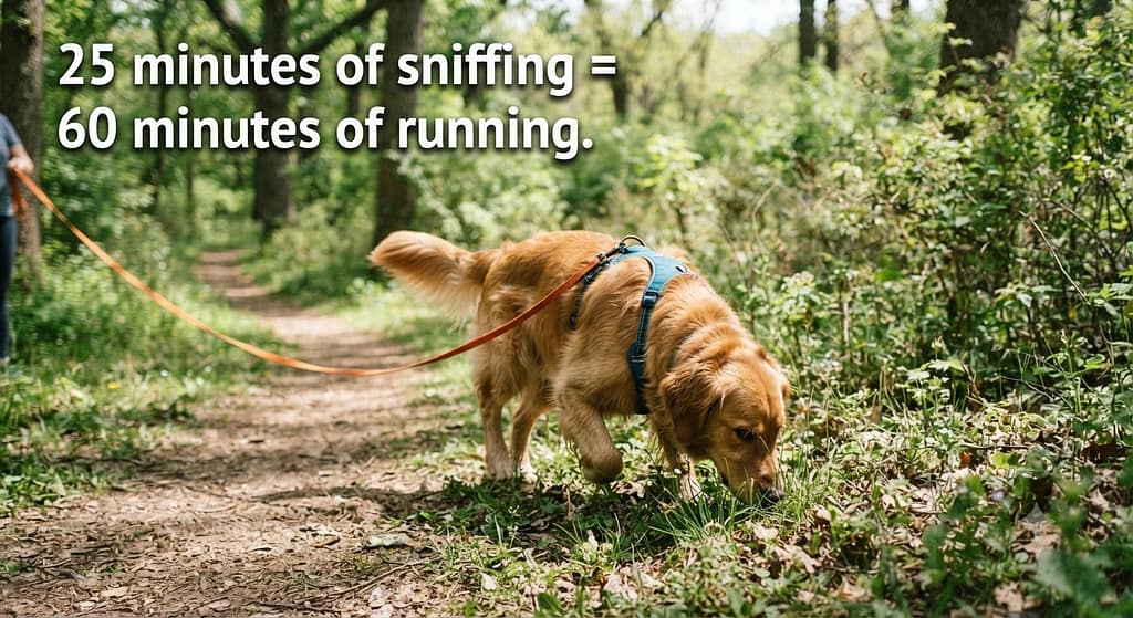 Sniffari action photo Dog on long leash, sniffing ground, exploring. Text: "25 minutes of sniffing = 60 minutes of running."