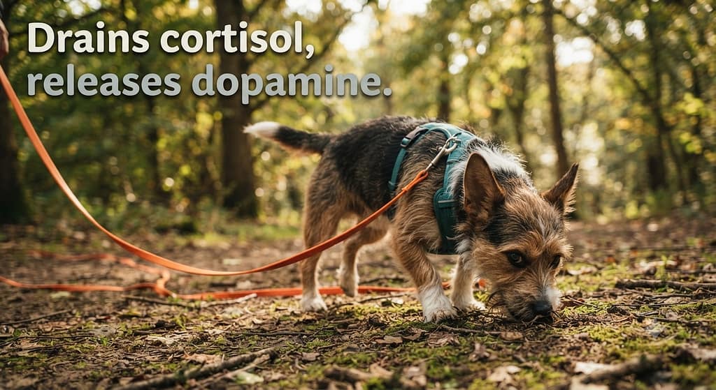 Sniffari action photo Dog on long leash, sniffing ground. Text: "Drains cortisol, releases dopamine."