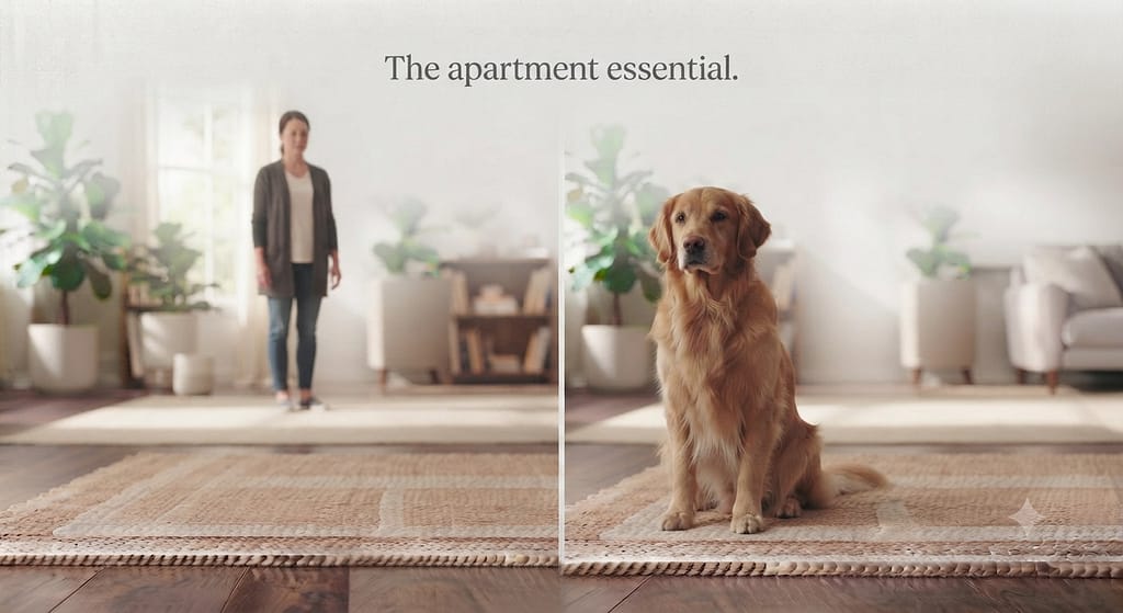 Place command hero photo Dog on mat, owner at distance. Text: "The apartment essential."