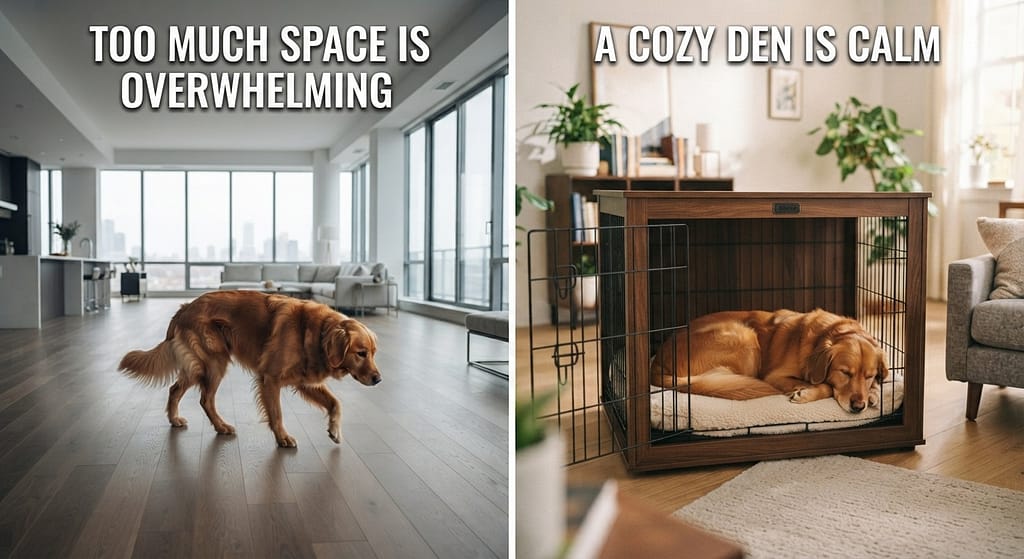 Open apartment vs crate comparison Dog pacing in large open apartment (stress) vs Dog relaxed in crate (calm). Text: "Too much space is overwhelming."