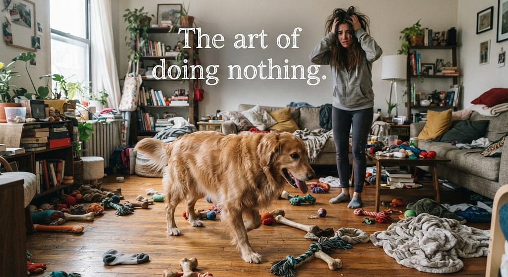 Relatable "hyper" photo Dog pacing, owner overwhelmed, chaotic apartment. Text: "The art of doing nothing."