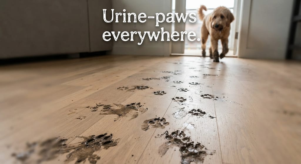 Muddy paw prints photo Dog paws tracking mud across floor. Text: "Urine-paws everywhere."