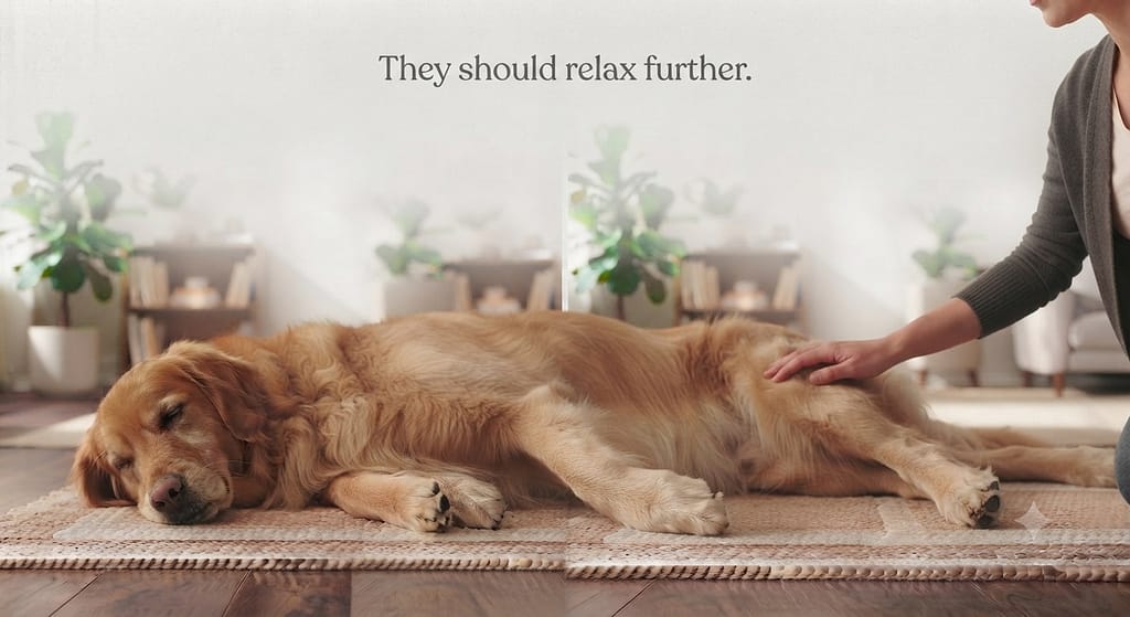 Settle cue photo Dog relaxing further on cue. Text: "They should relax further."