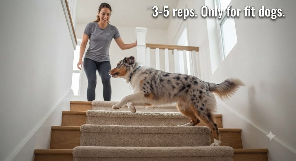 Stair action photo Dog running up stairs, owner supervising. Text: "3-5 reps. Only for fit d