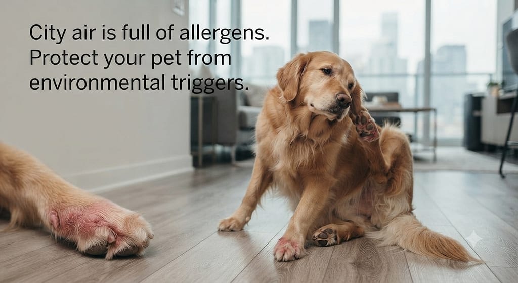 Allergy signs photo Dog scratching, red paws. Text: "City air is full of allergens."