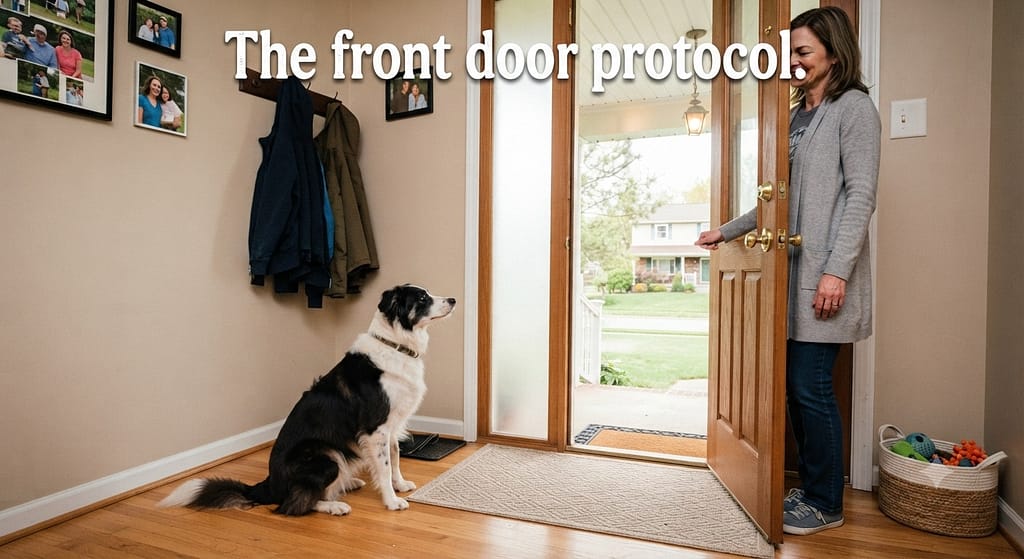 Front door protocol hero photo Dog sitting calmly 6 feet from door, owner at handle. Text: "The front door protocol."