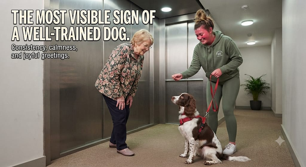 Sit for greetings hero photo Dog sitting calmly as friend approaches, owner treating. Text: "The most visible sign of a well-trained dog."
