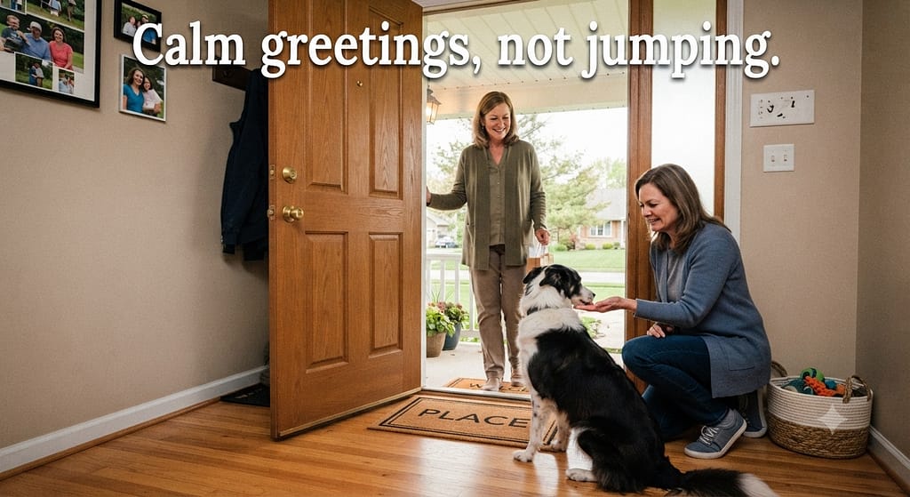 Guest greeting hero photo Dog sitting calmly as guest enters, owner treating. Text: "Calm greetings, not jumping.