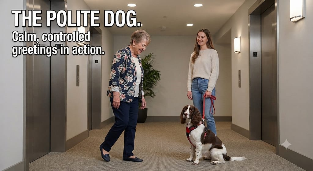 "After" hero photo Dog sitting calmly as neighbor approaches, owner relaxed, neighbor smiling. Text: "The polite dog."