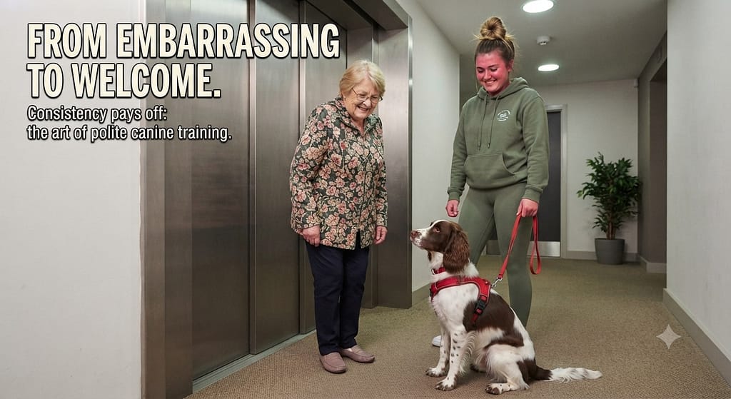 Aspirational hero photo Dog sitting calmly as neighbor approaches, owner relaxed, neighbor smiling. Text: "From embarrassing to welcome."
