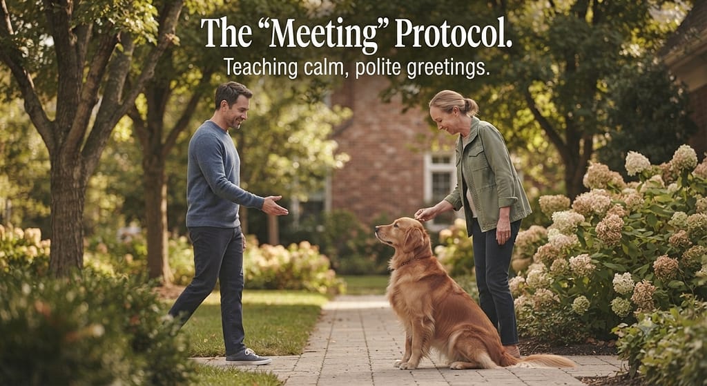 Sit for greeting photo Dog sitting calmly as person approaches. Text: "The 'Meeting' Protocol."