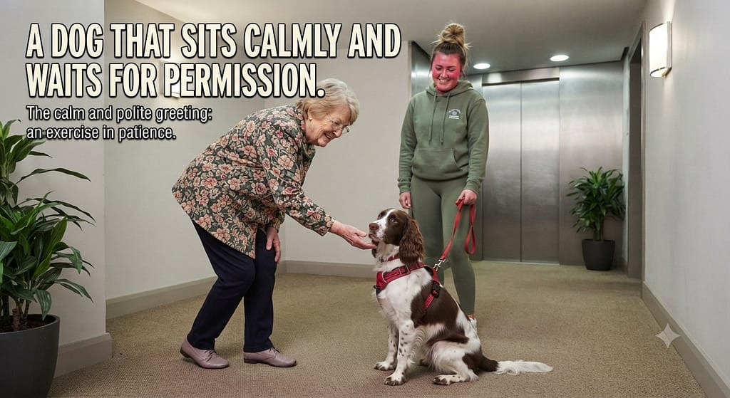 Sit for greeting photo Dog sitting calmly as person approaches. Text: "A dog that sits calmly and waits for permission."