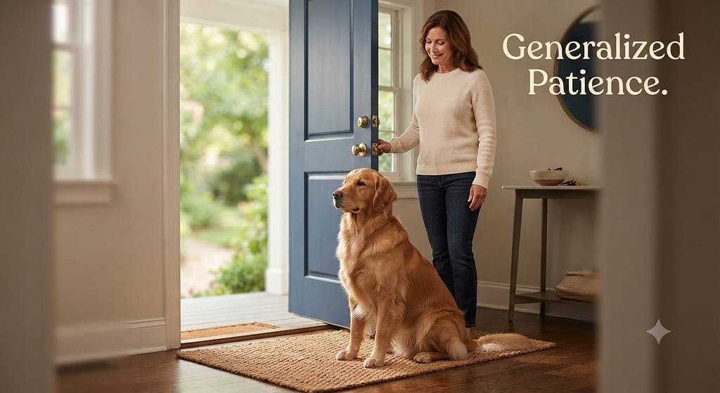 Doorway wait hero photo Dog sitting calmly at door, owner at handle. Text: "Generalized Patience."