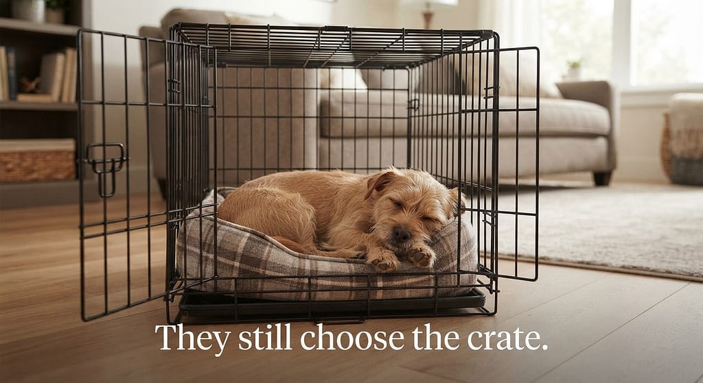 Crate door open photo Dog sleeping in crate with door open, free to leave. Text: "They still choose the crate."