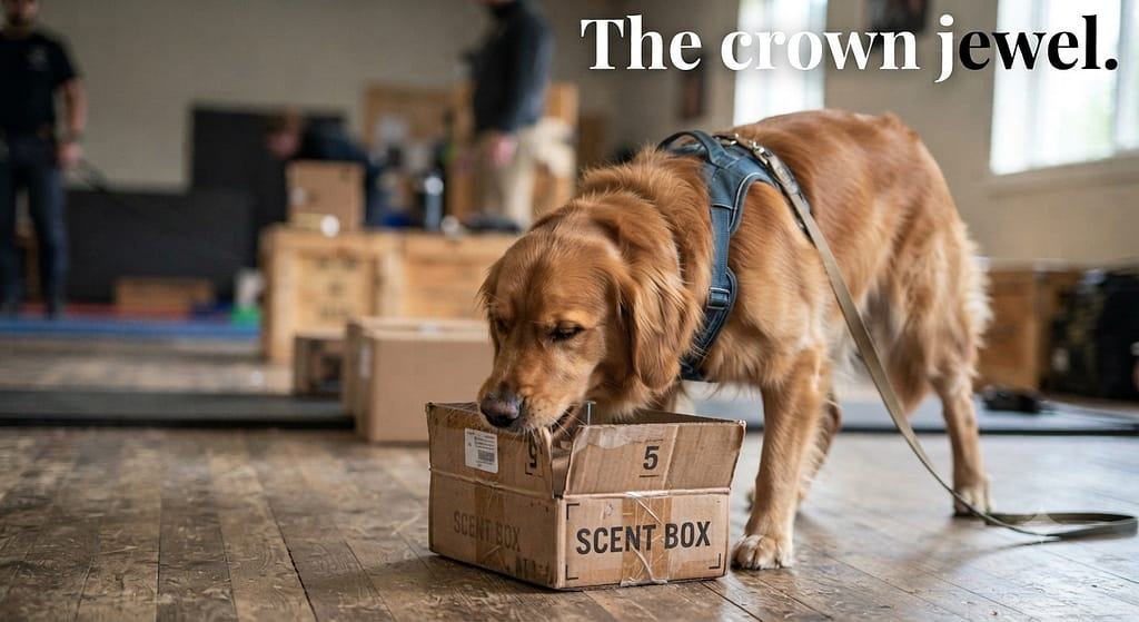 Nose work hero photo Dog sniffing box, intensely focused. Text: "The crown jewel."