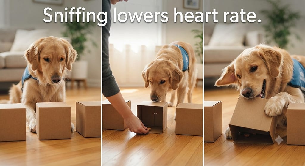 Nose work hero photo: Dog sniffing box, intensely focused. Text: "The crown jewel."