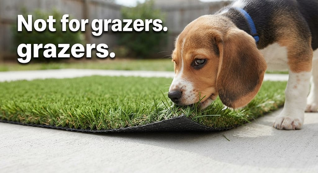 Turf nibbling warning Dog sniffing/chewing turf edge. Text: "Not for grazers."
