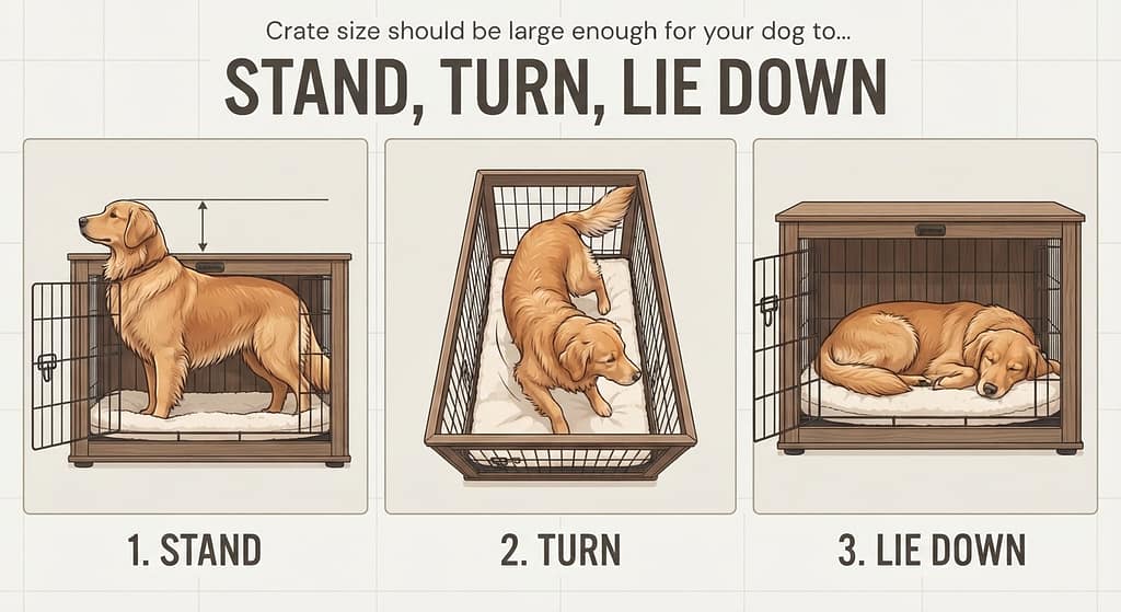 Crate size diagram Dog standing, turning, lying down comfortably in crate. Text: "Stand, turn, lie down."