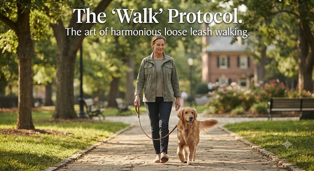 Loose leash walking photo Dog walking calmly with slack leash, owner relaxed. Text: "The 'Walk' Protocol."