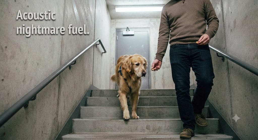Stairwell training photo Dog walking down stairs, owner with treat at hip. Text: "Acoustic nightmare fuel."