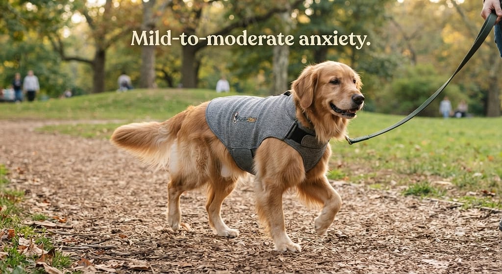 ThunderShirt action photo Dog wearing wrap. Text: "Mild-to-moderate anxiety."