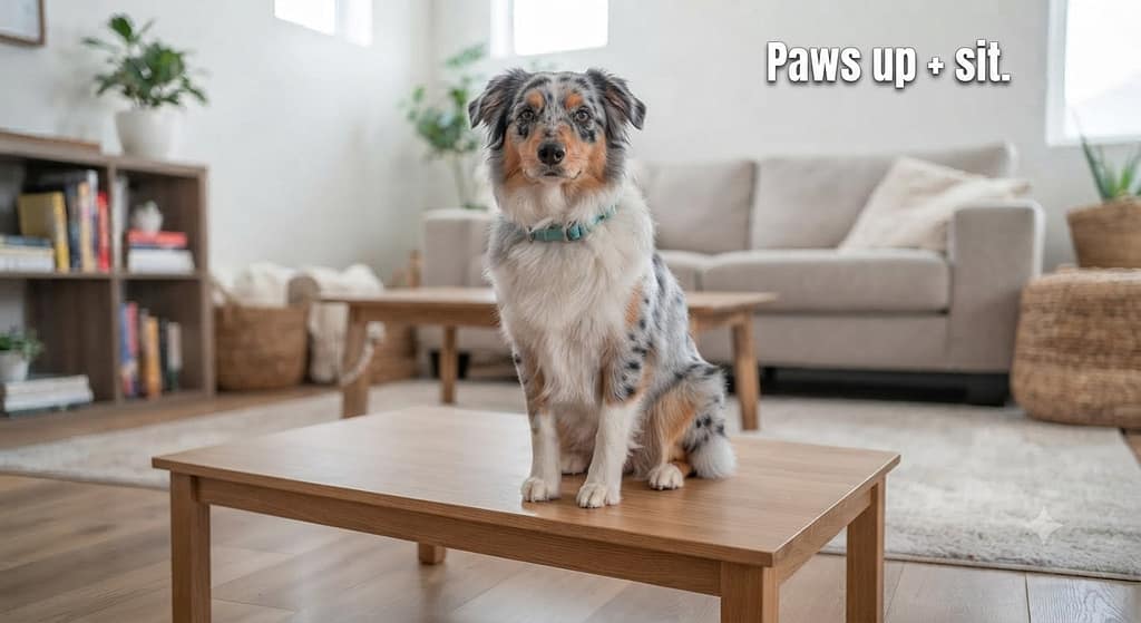 Pause table photo Dog with all paws on coffee table, sitting. Text: "Paws up + sit."