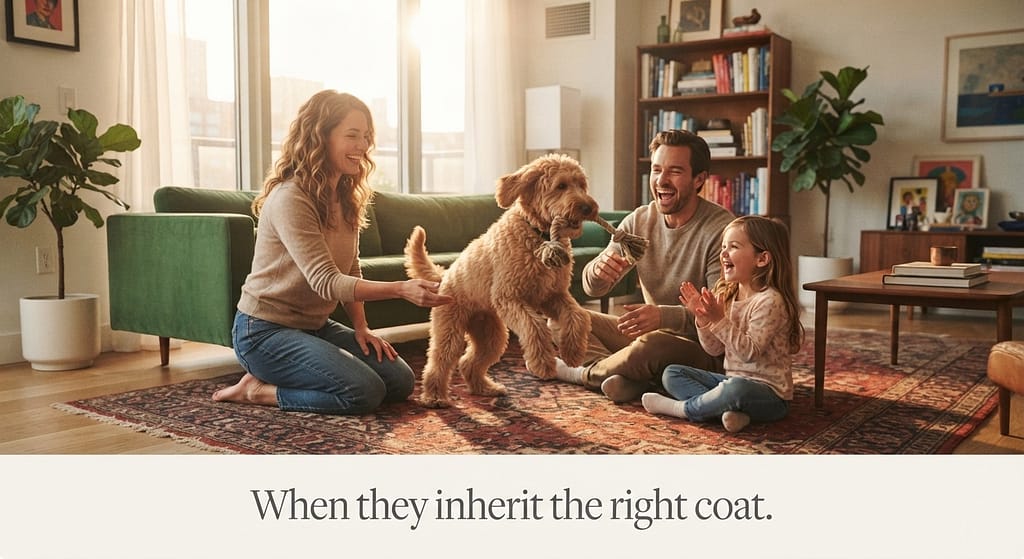 Doodle with family photo Doodle playing with family in apartment. Text: "When they inherit the right coat."