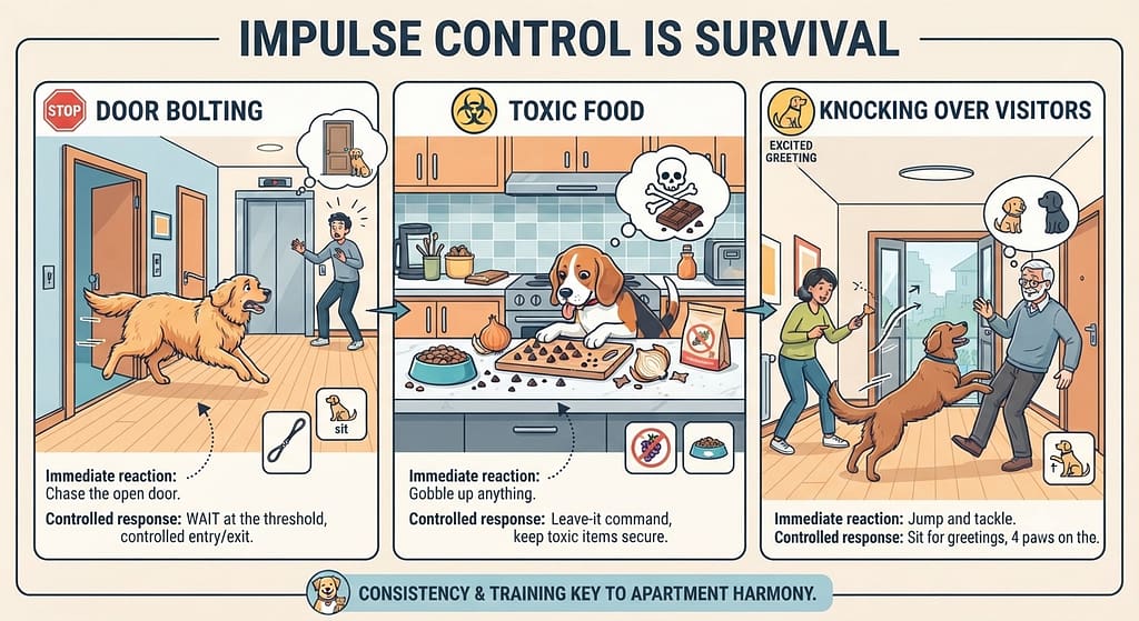Apartment impulse control graphic Door bolting / Toxic food / Knocking over visitors. Text: "Impulse control is survival."
