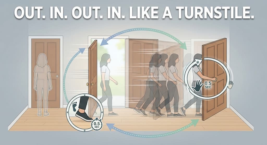 Flit turnstile animation representation Door opening/closing rapidly. Text: "Out. In. Out. In. Like a turnstile."