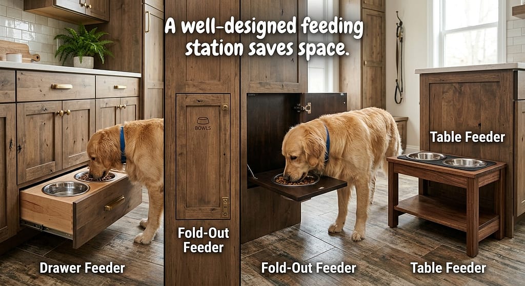 Hidden feeding station hero photo Drawer feeder, fold-out feeder, table feeder. Text: "A well-designed feeding station saves space."