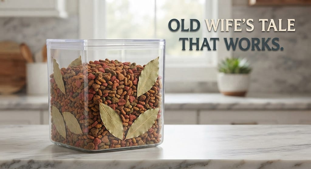 Bay leaves in container photo Dry bay leaves tucked in food. Text: "Old wife's tale that works."