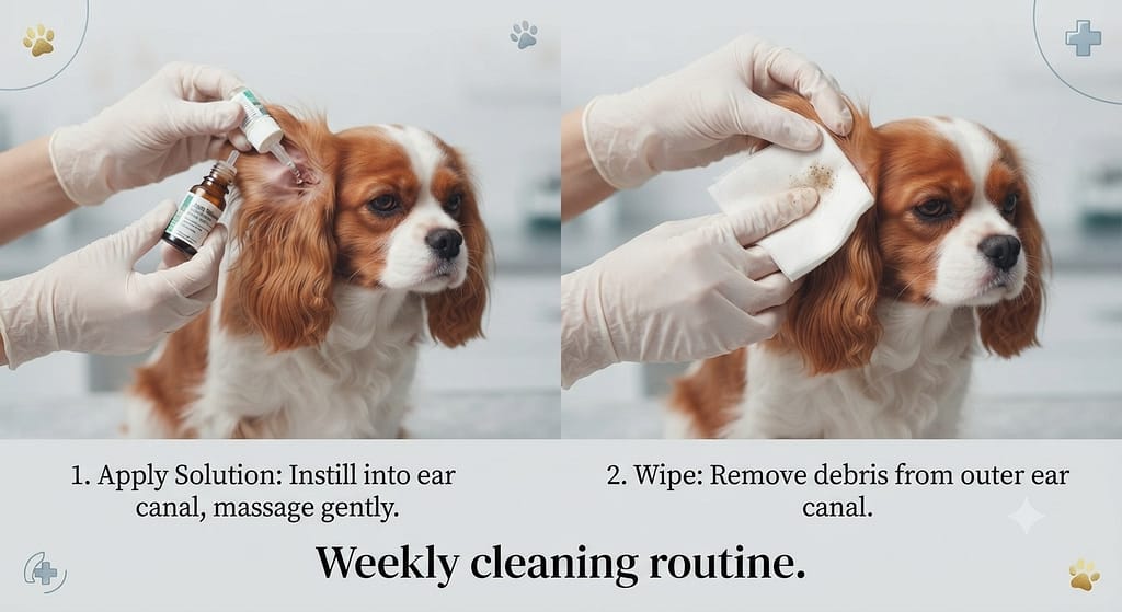 Ear cleaning sequence (2 images) 1. Apply solution / 2. Wipe. Text: "Weekly cleaning routine."