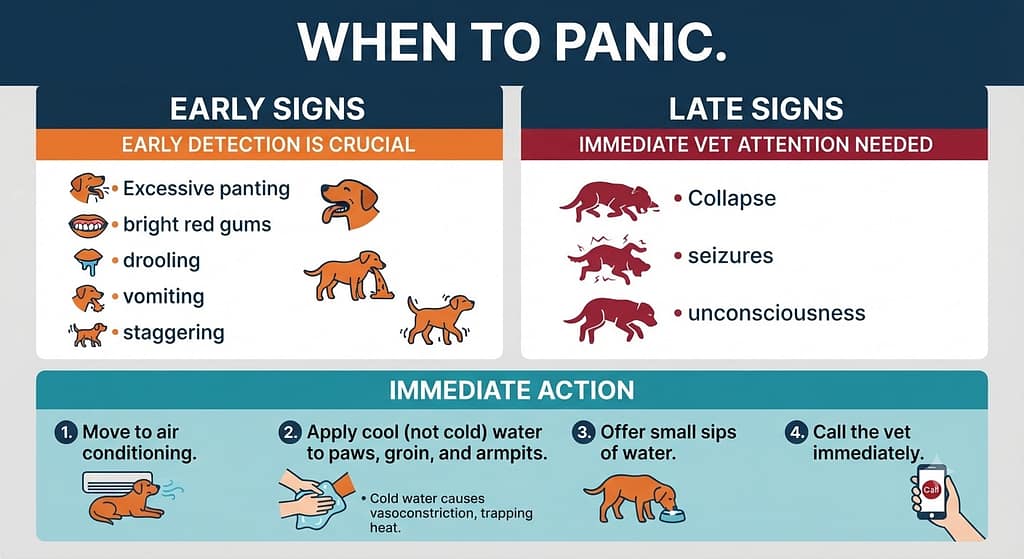 Heat stroke signs infographic Early signs vs Late signs. Text: "When to panic."