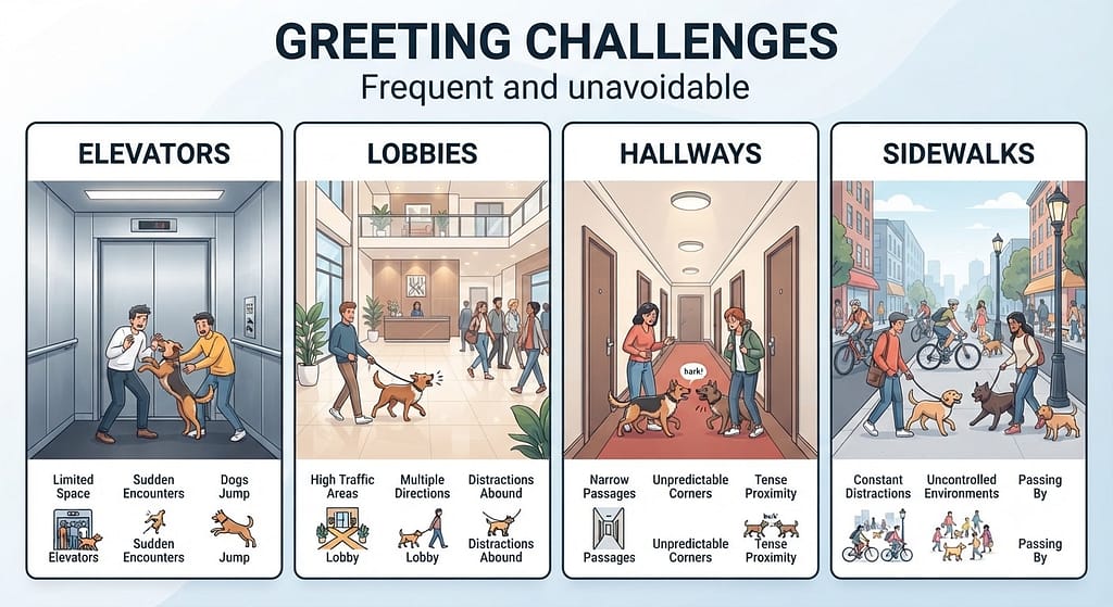 Greeting challenges infographic Elevators / Lobbies / Hallways / Sidewalks. Text: "Frequent and unavoidable."