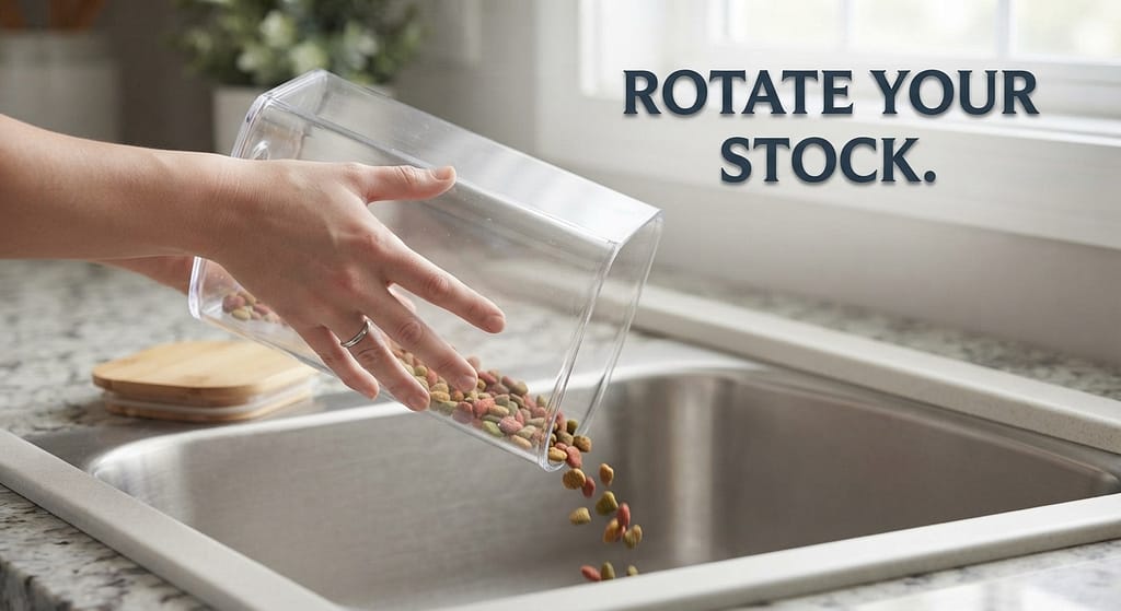 Emptying container photo Emptying old food before refilling. Text: "Rotate your stock."