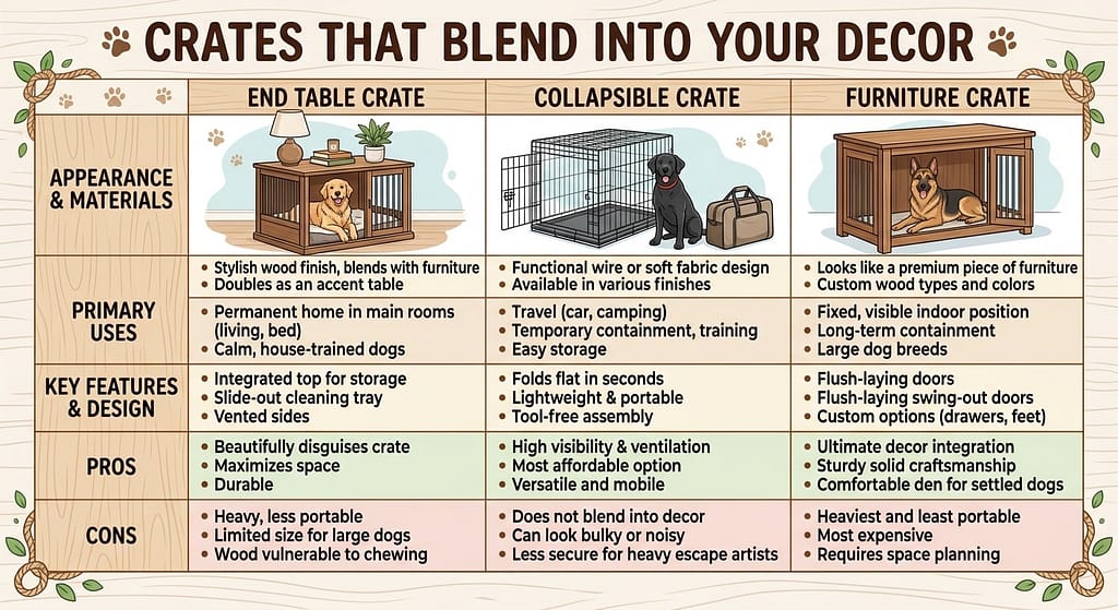 Crate comparison grid End table crate, collapsible crate, furniture crate. Text: "Crates that blend into your decor."