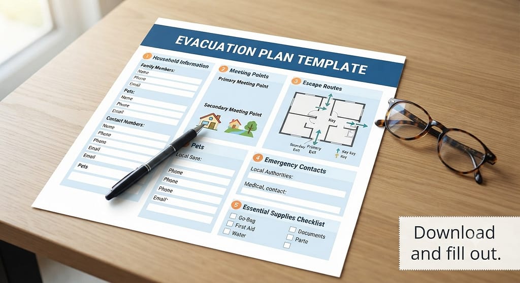 Printable template mockup Evacuation Plan Template. Text: "Download and fill out."