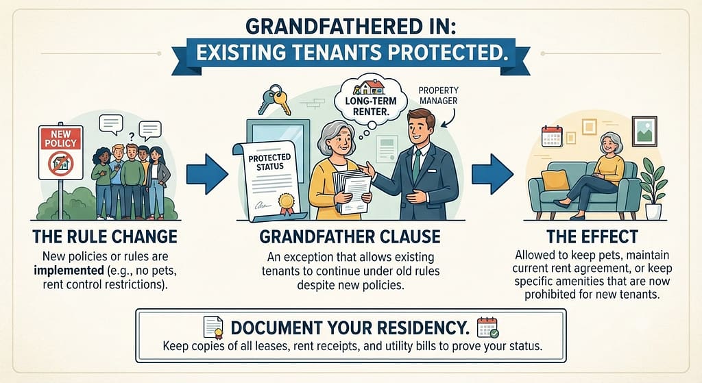 Grandfathered in graphic Existing tenants protected. Text: "Document your residency."