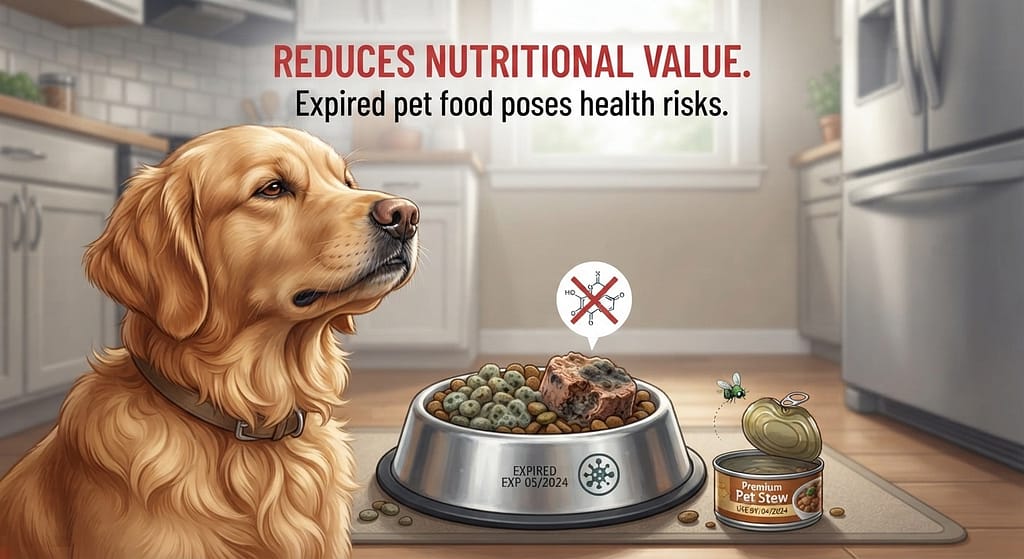 Rancid food graphic Expired food, dog turning nose up. Text: "Reduces nutritional value."