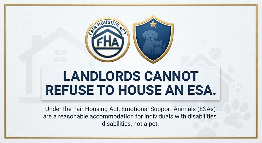 FHA logo + shield icon Text: "Landlords cannot refuse to house an ESA."