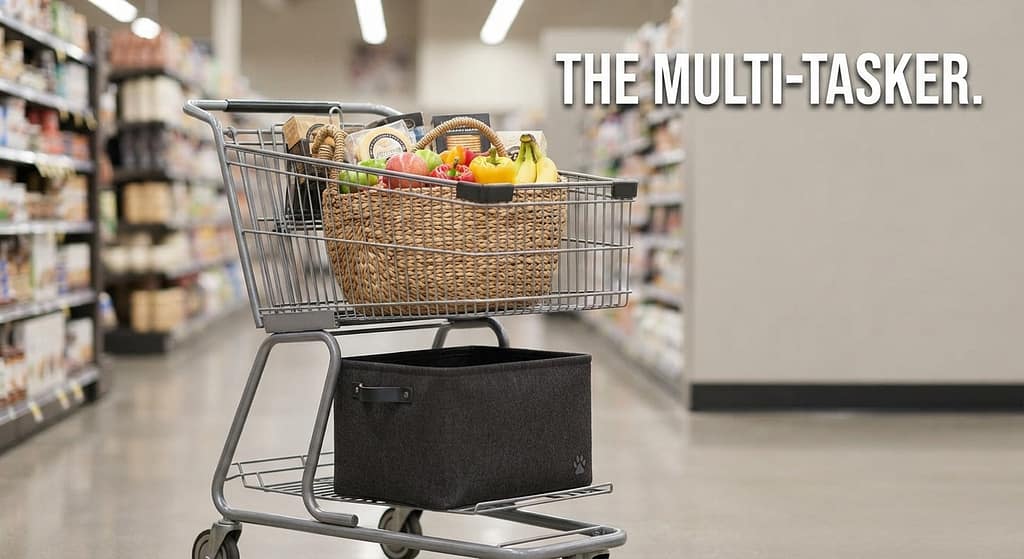 Basket in cart photo Fabric bin on lower shelf hiding food. Text: "The multi-tasker."