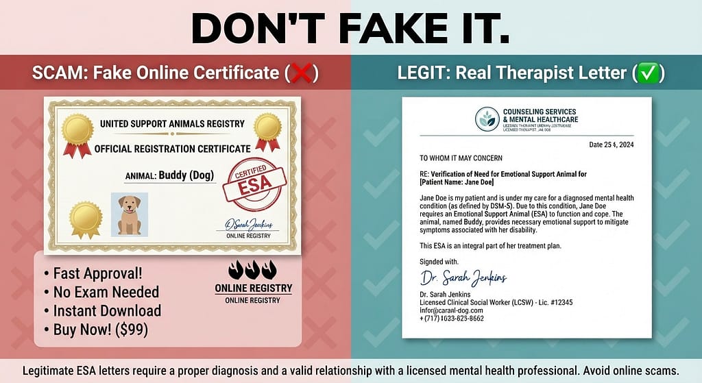 Scam vs legit ESA comparison Fake online certificate (❌) vs Real letter from licensed therapist (✅). Text: "Don't fake it."