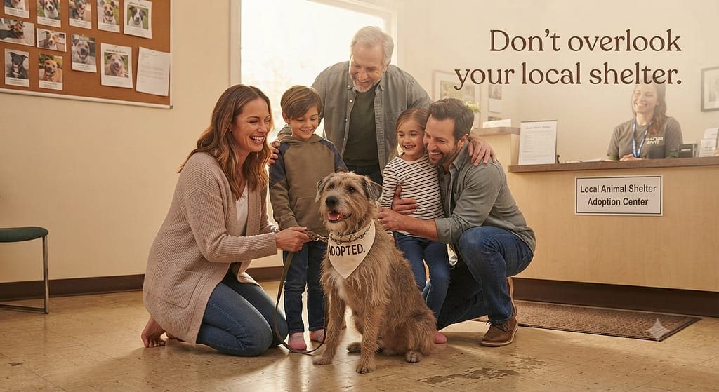 Mixed breed rescue photo Family adopting mixed breed. Text: "Don't overlook your local shelter."