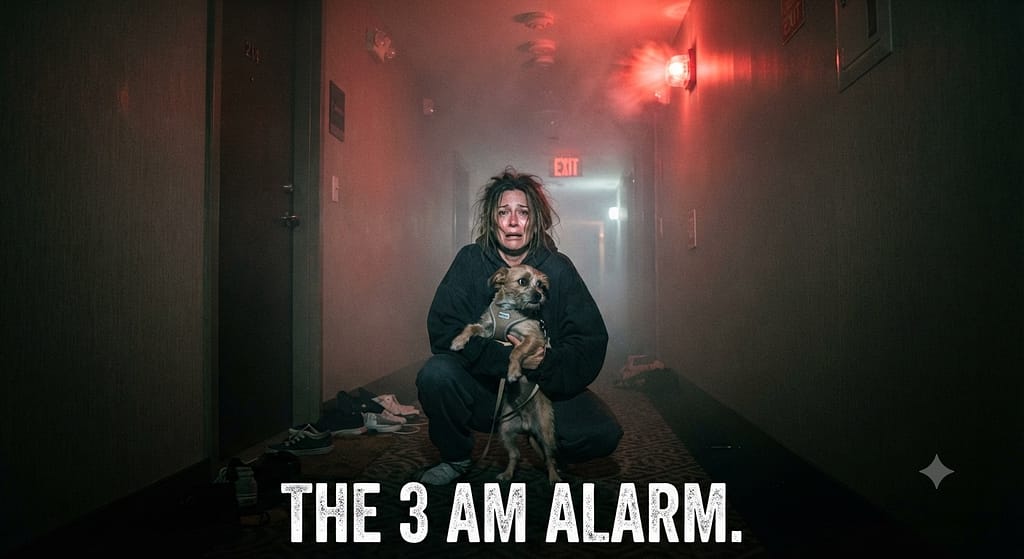 Urgent "3 AM" photo Fire alarm, smoke-filled hallway, owner with panicked dog. Text: "The 3 AM alarm."
